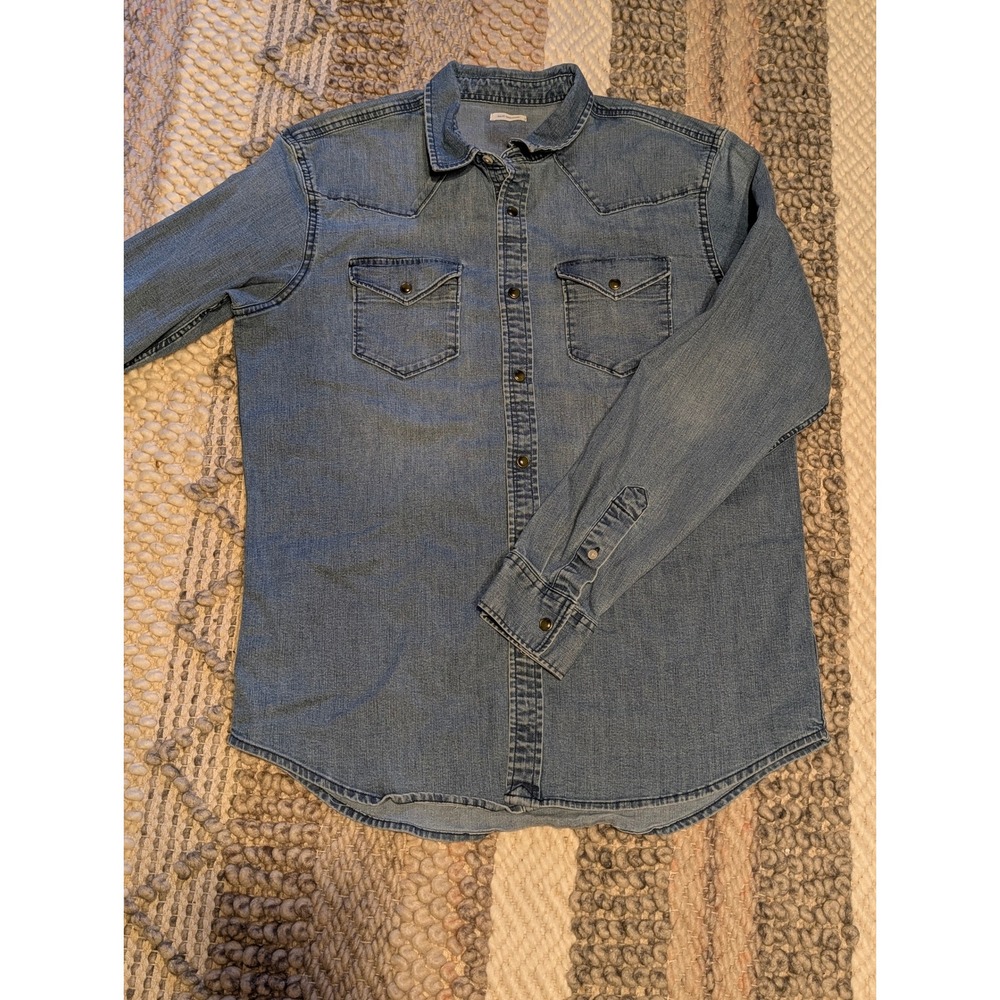 H&M slim fit Western light blue Denim Snap Front Shirt women's Large